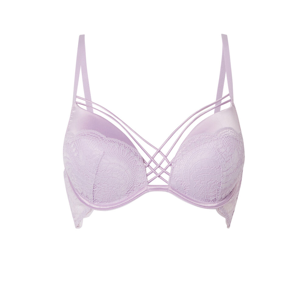 Soutien-gorge push up en dentelle et liens satinés - lilas violet.