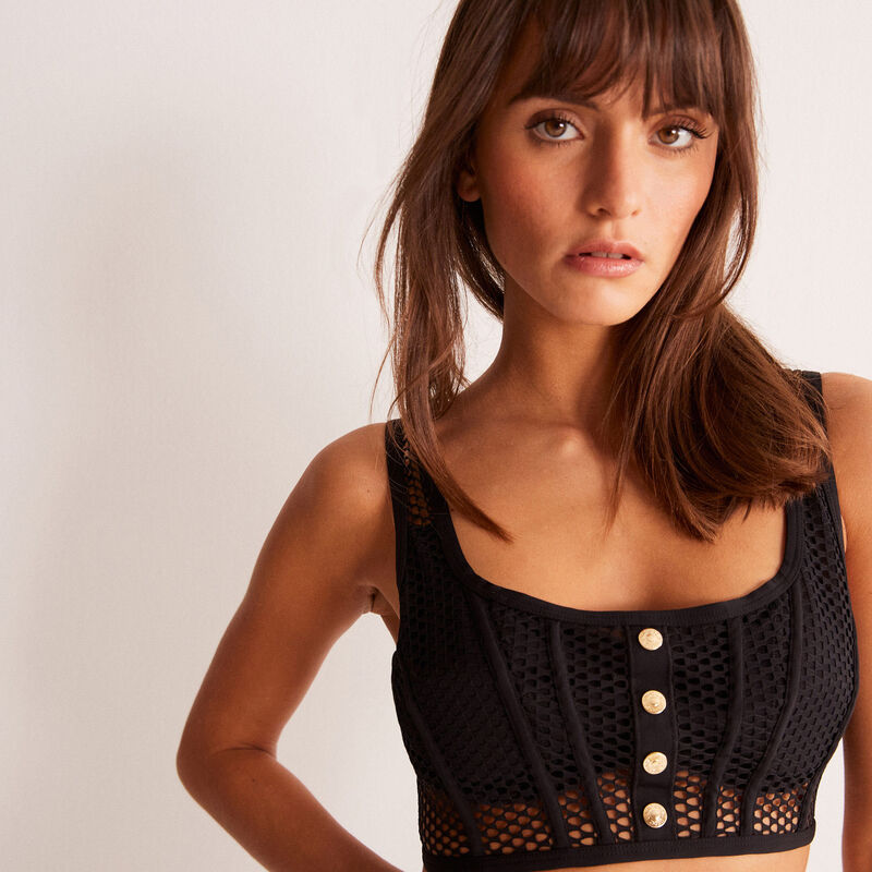 soutien-gorge bustier à dentelle ajourée et détails boutons - noir soutien-gorge bustier à dentelle ajourée et détails boutons - noir;