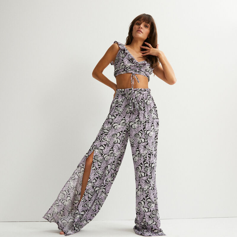 crop top noué à épaules volants et motifs papillons- lilas crop top noué à épaules volants et motifs papillons- lilas;