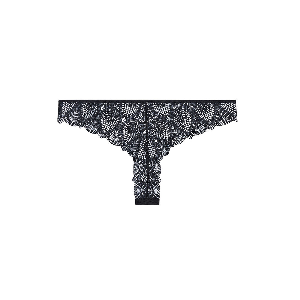 Tanga en dentelle et liens - noir noir.