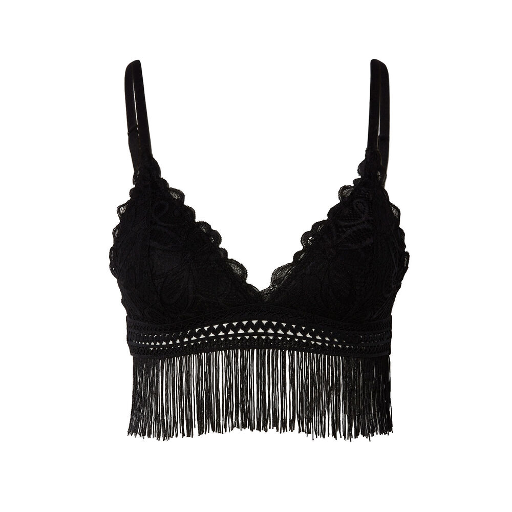 Soutien-gorge ampli triangle dentelle ajourée à franges - noir noir.