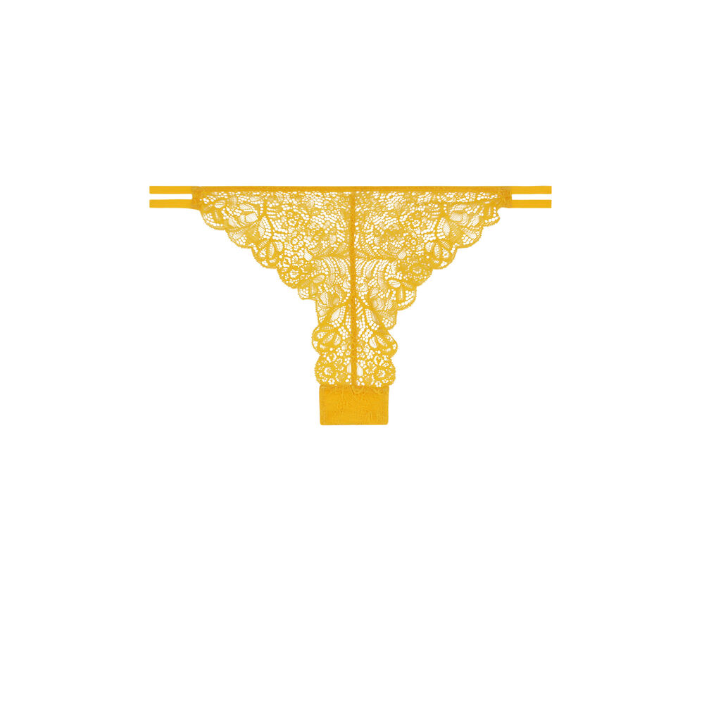 Tanga en dentelle et liens - jaune jaune.