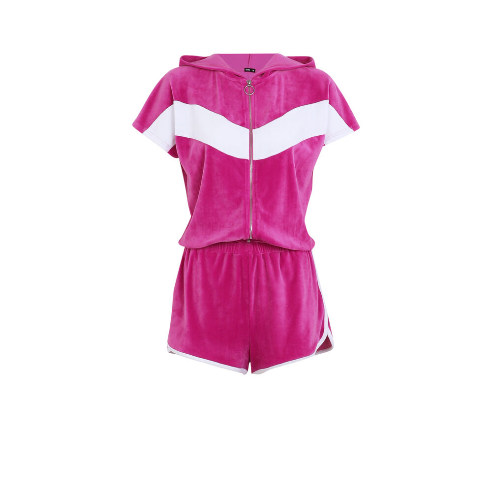 Combishort en velours zippée à capuche - rose rose.