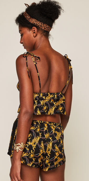 Top court en satin &agrave; nouer print jimaprintiz noir.