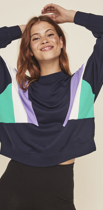 Sweat &agrave; col rond bandes couleurs triblockiz bleu marine.