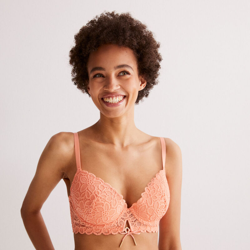 soutien-gorge ampli en dentelle fleurs détail noeud - peach soutien-gorge ampli en dentelle fleurs détail noeud - peach;