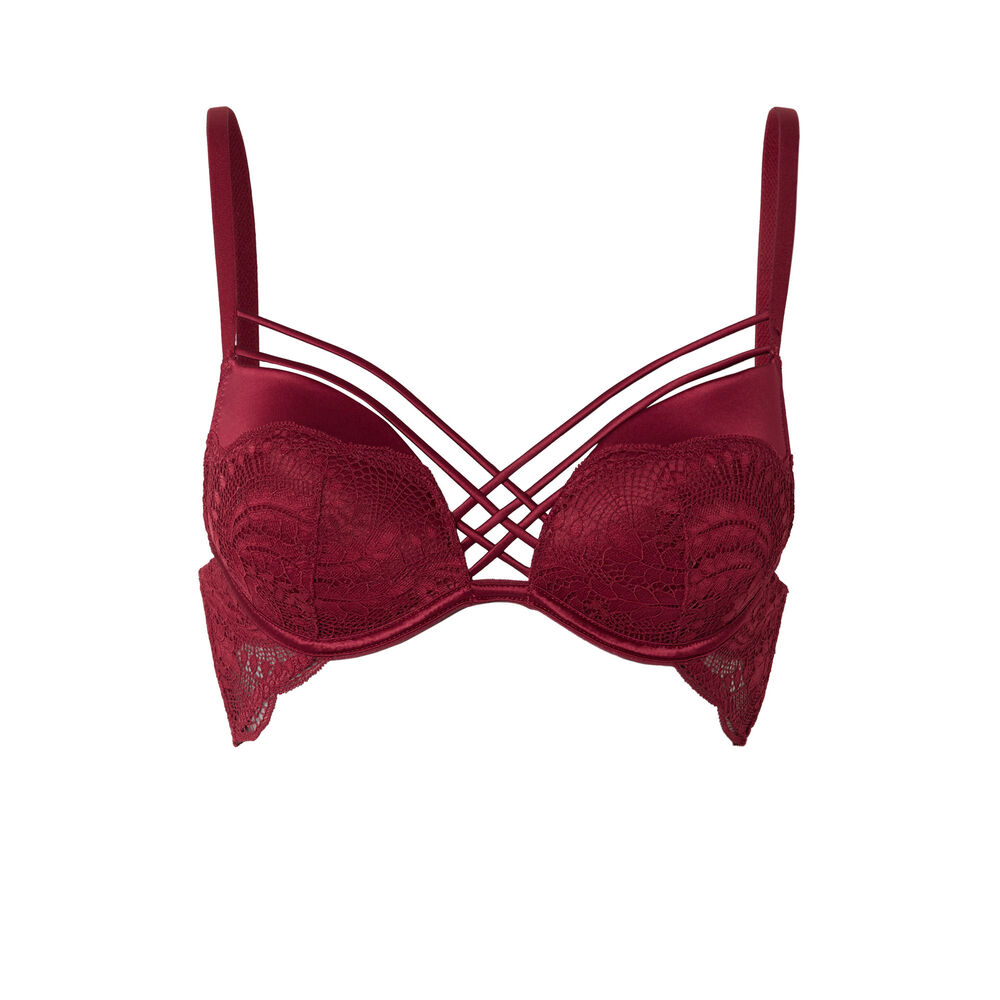 Soutien-gorge push up en dentelle et liens satinés - bordeaux rouge.