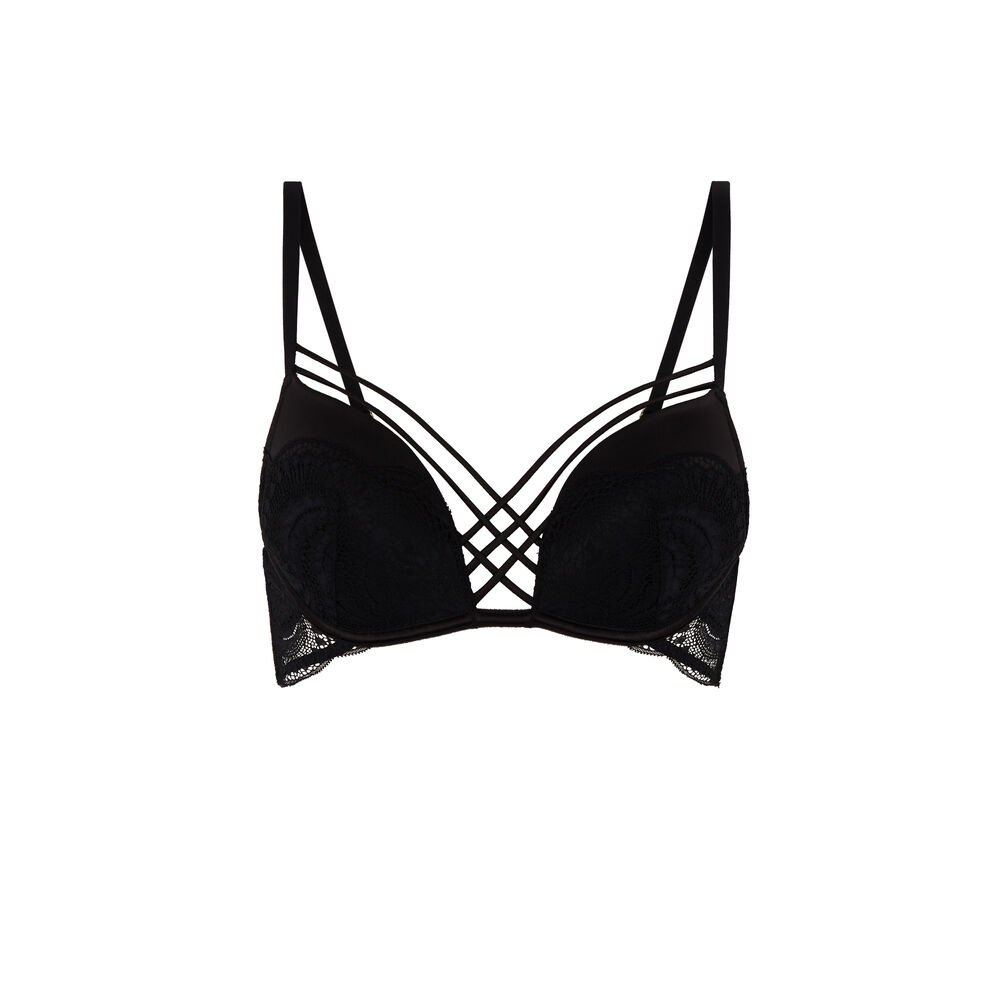 Soutien-gorge push up en dentelle et liens satinés - noir noir.