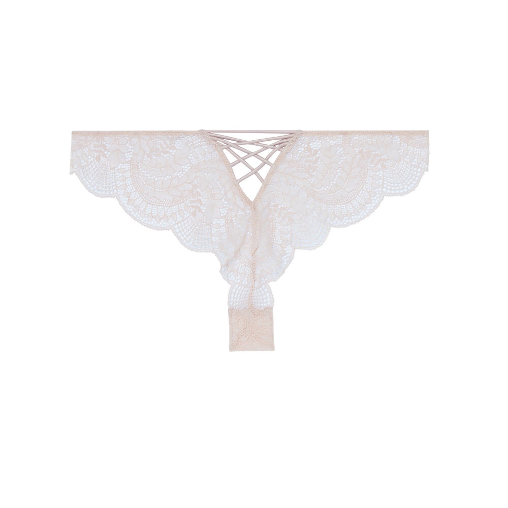 Tanga en dentelle et lien satiné - rose rose.