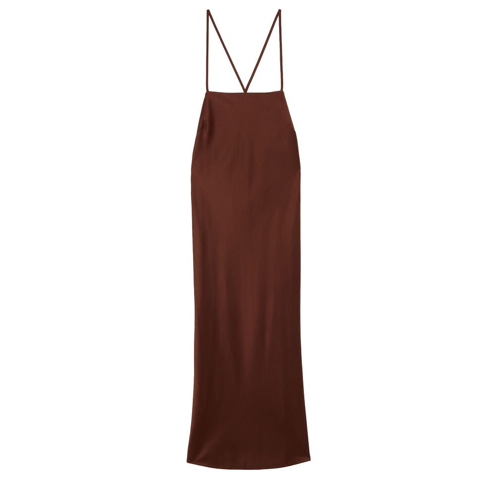 Robe mi longue satin dos lacé - marron marron.