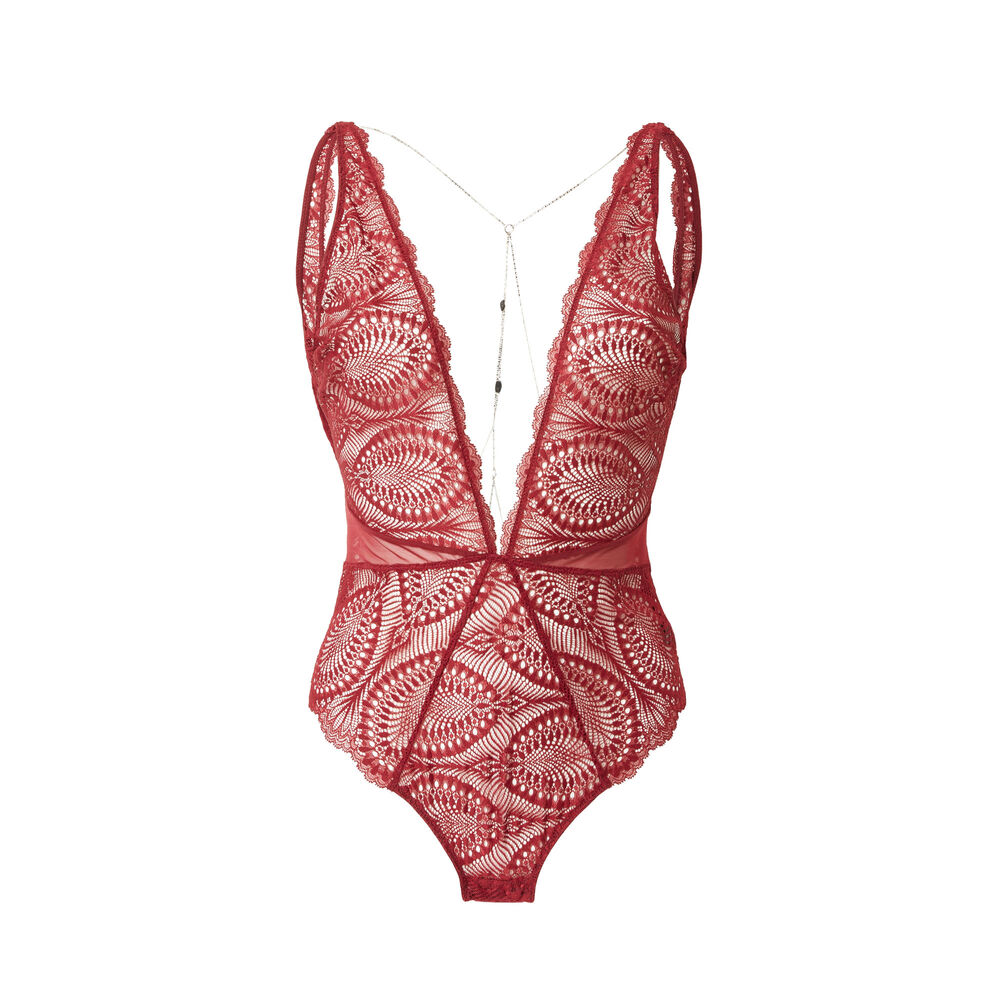 Body en dentelle feuillage et chaine bijou dans le dos - bordeaux rouge.