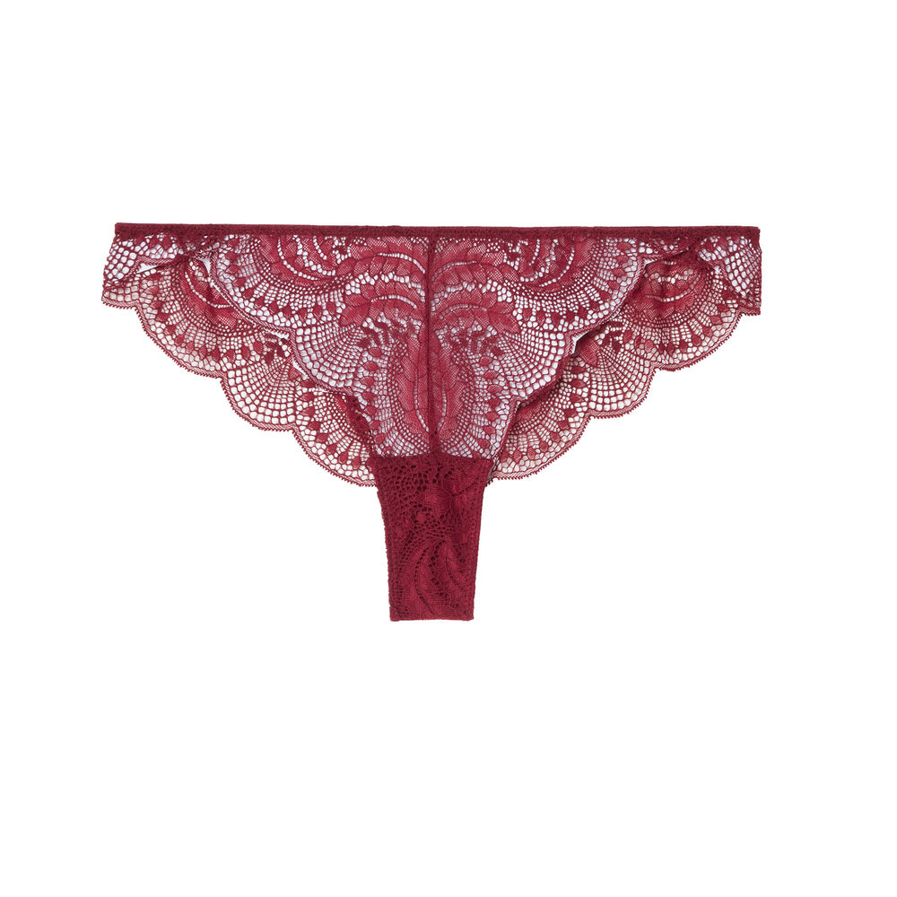 Tanga en dentelle et liens satinés - bordeaux rouge.