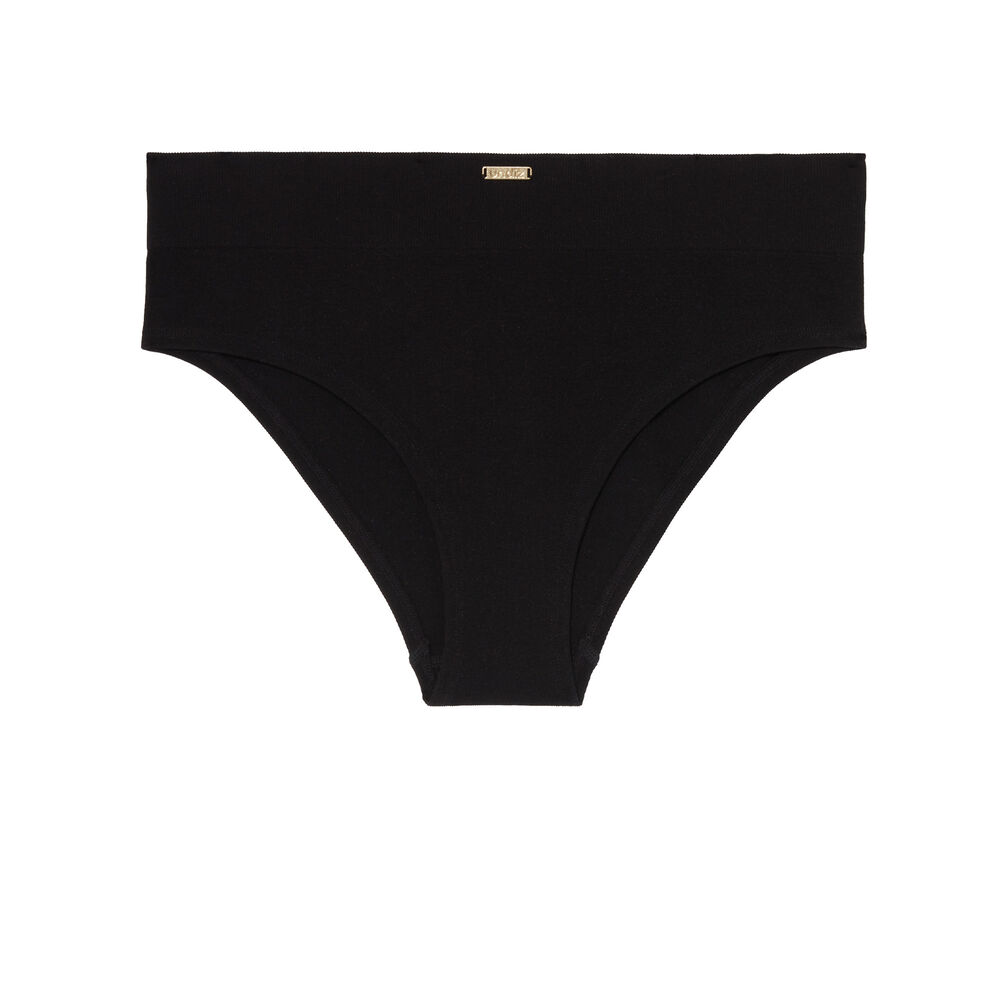 Culotte taille haute cotelée détail plaque - noir noir.