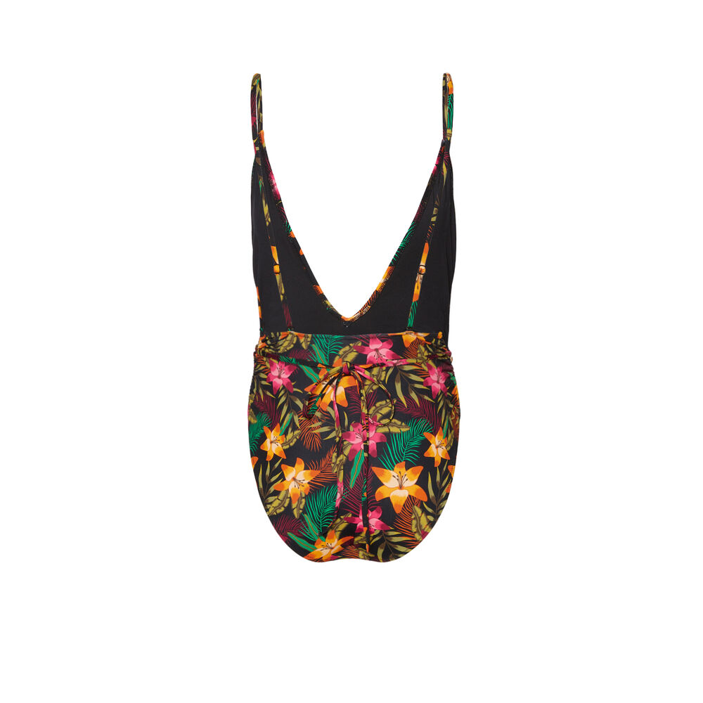Maillot de bain une pièce imprimé tropical détails liens - noir noir.