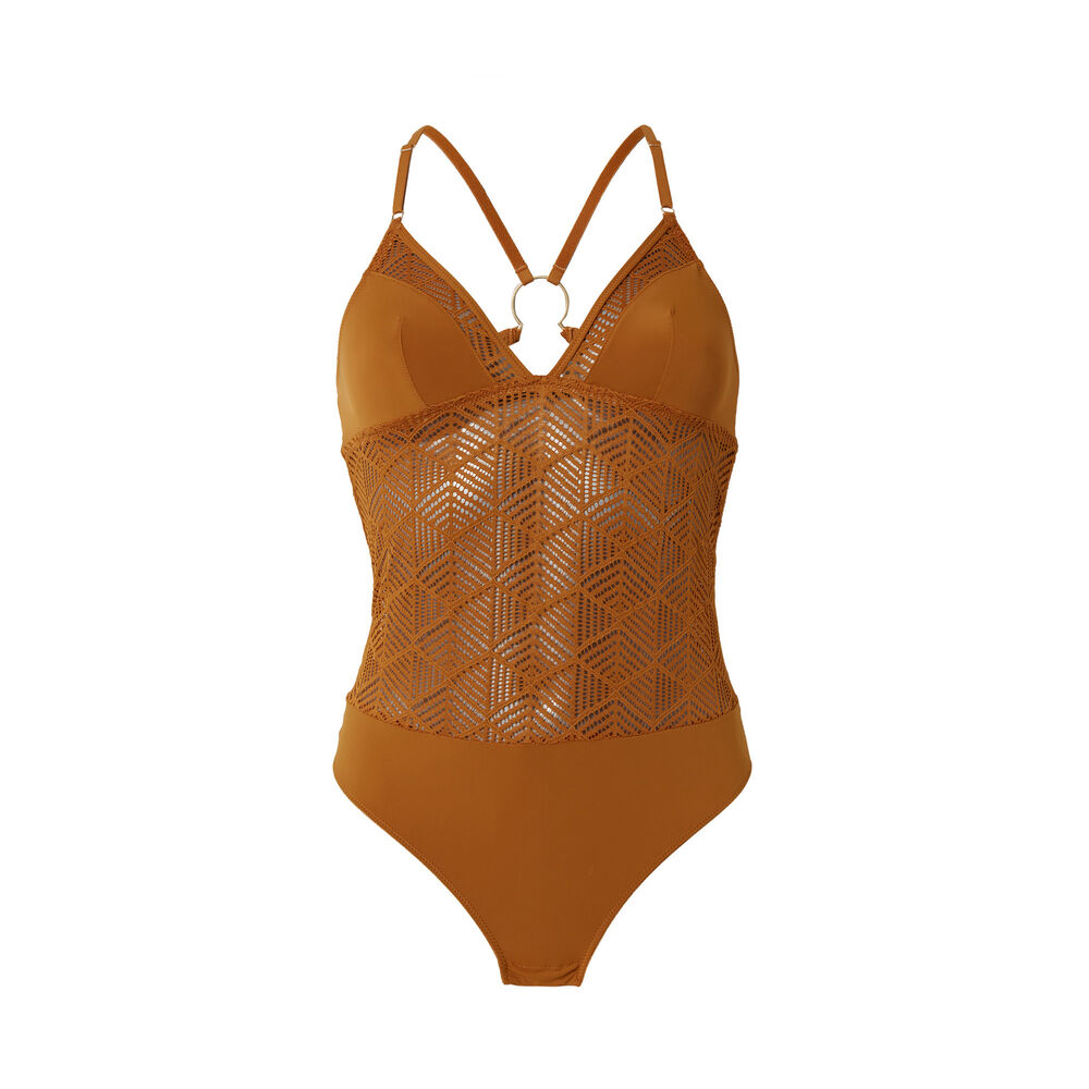 Body à empiècements dentelle - camel marron.