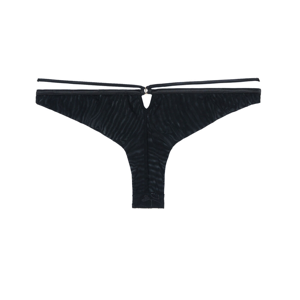 Tanga à dentelle coeur et liens - noir noir.