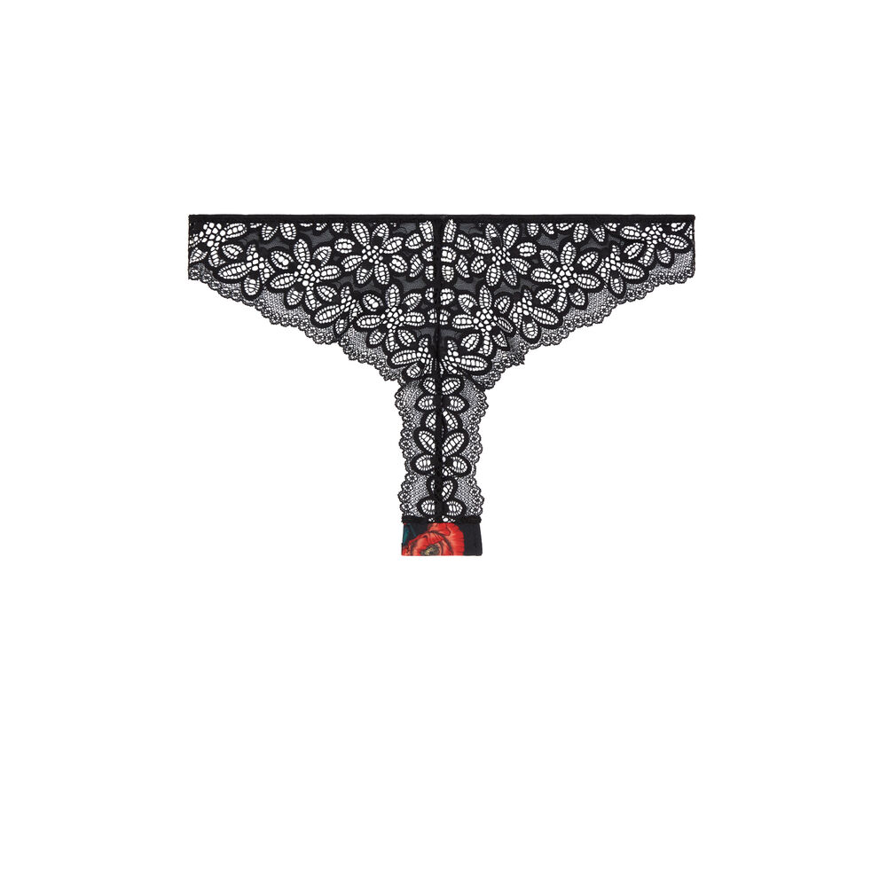 Tanga dentelle imprimé fleuri - noir noir.