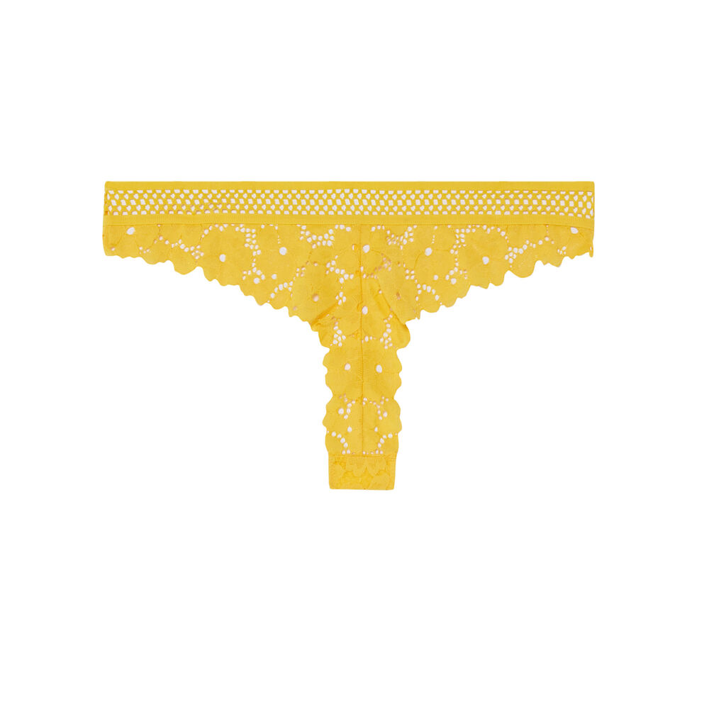 Tanga en dentelle fleurs et résille - jaune jaune.