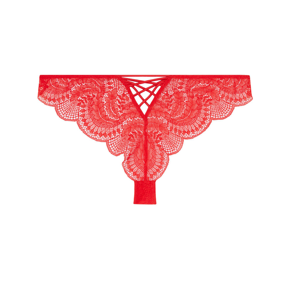 Tanga en dentelle et liens satinés - rouge rouge.