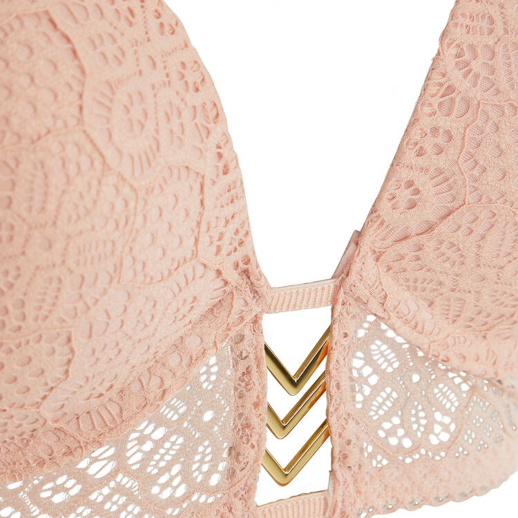 Soutien-gorge bustier push en dentelle détail bijou ethnobiz rose poudré.