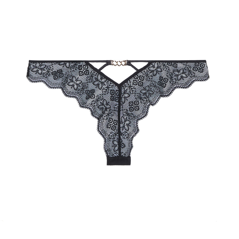 Tanga en dentelle à détail chaine dorée - noir noir.