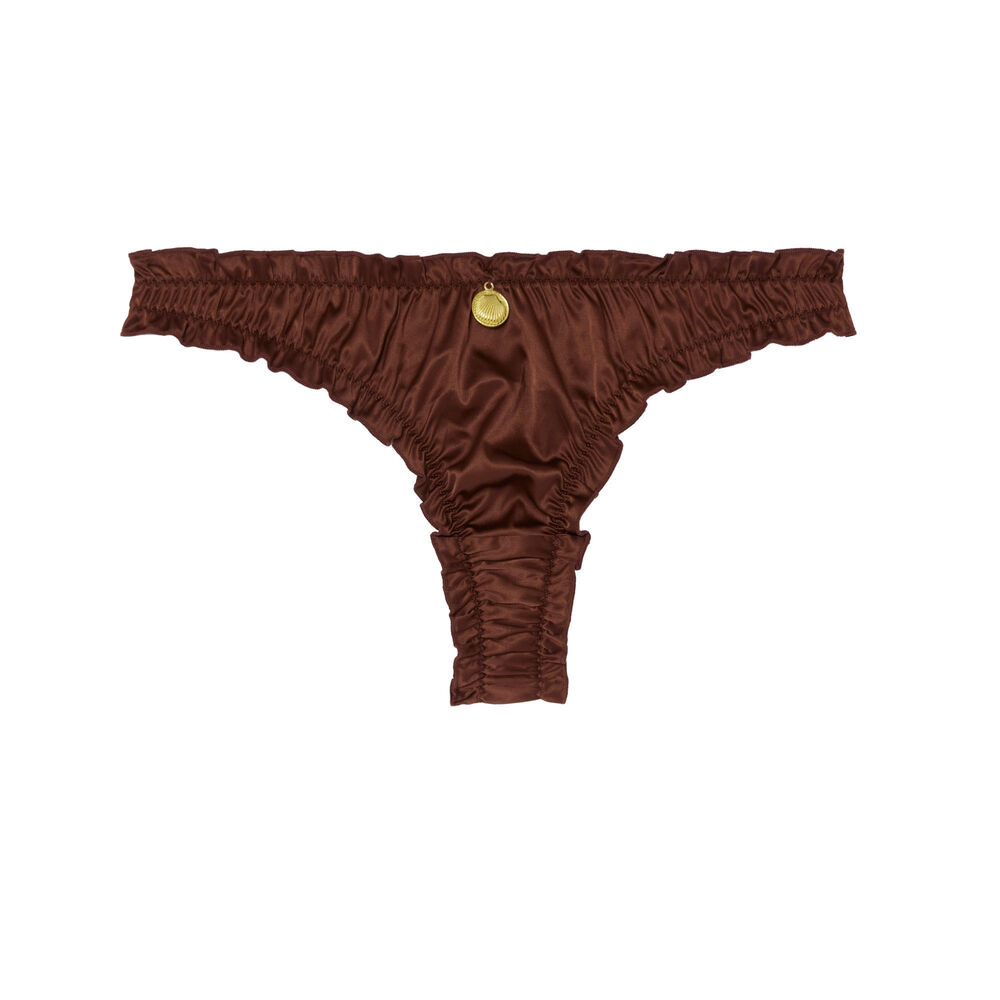 Tanga satiné à bijou coquillage - marron marron.