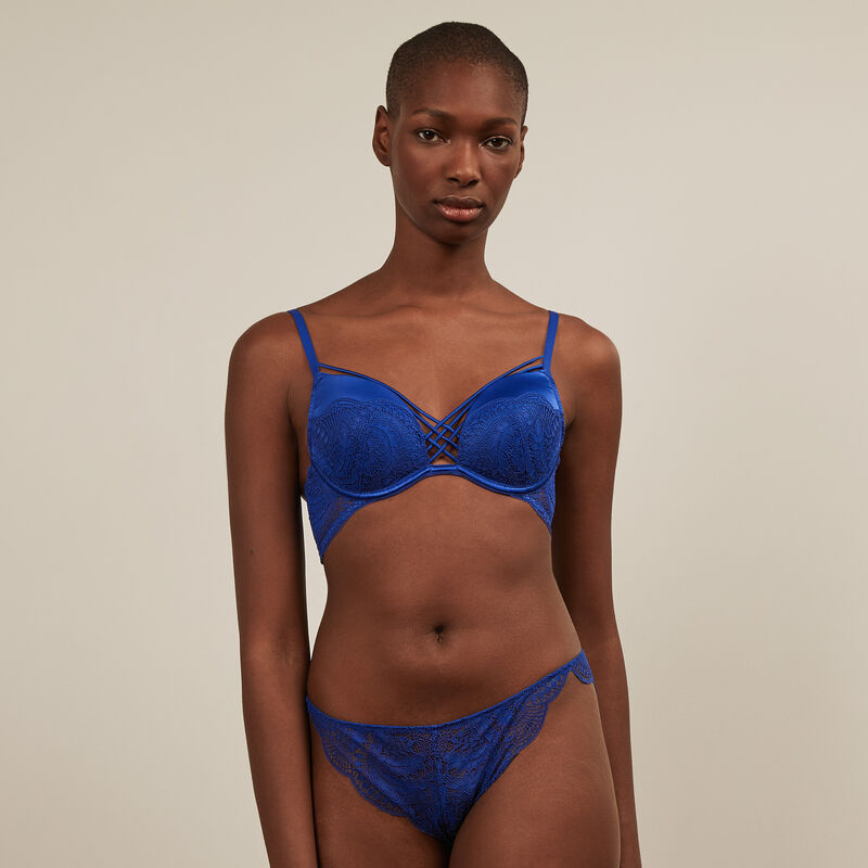 Soutien-gorge push up en dentelle et liens satinés - bleu roi Soutien-gorge push up en dentelle et liens satinés - bleu roi;