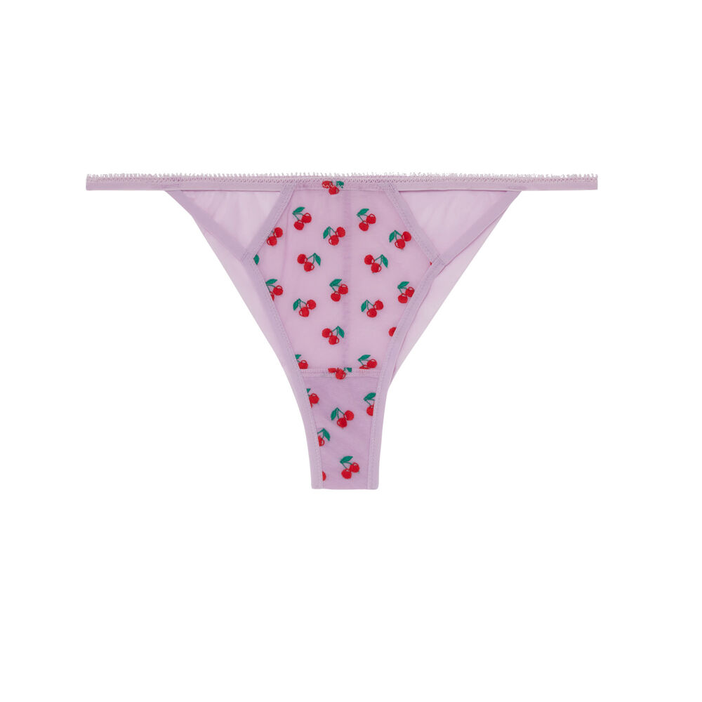 Culotte bikini en résille ajouré motifs cerises - lilas violet.
