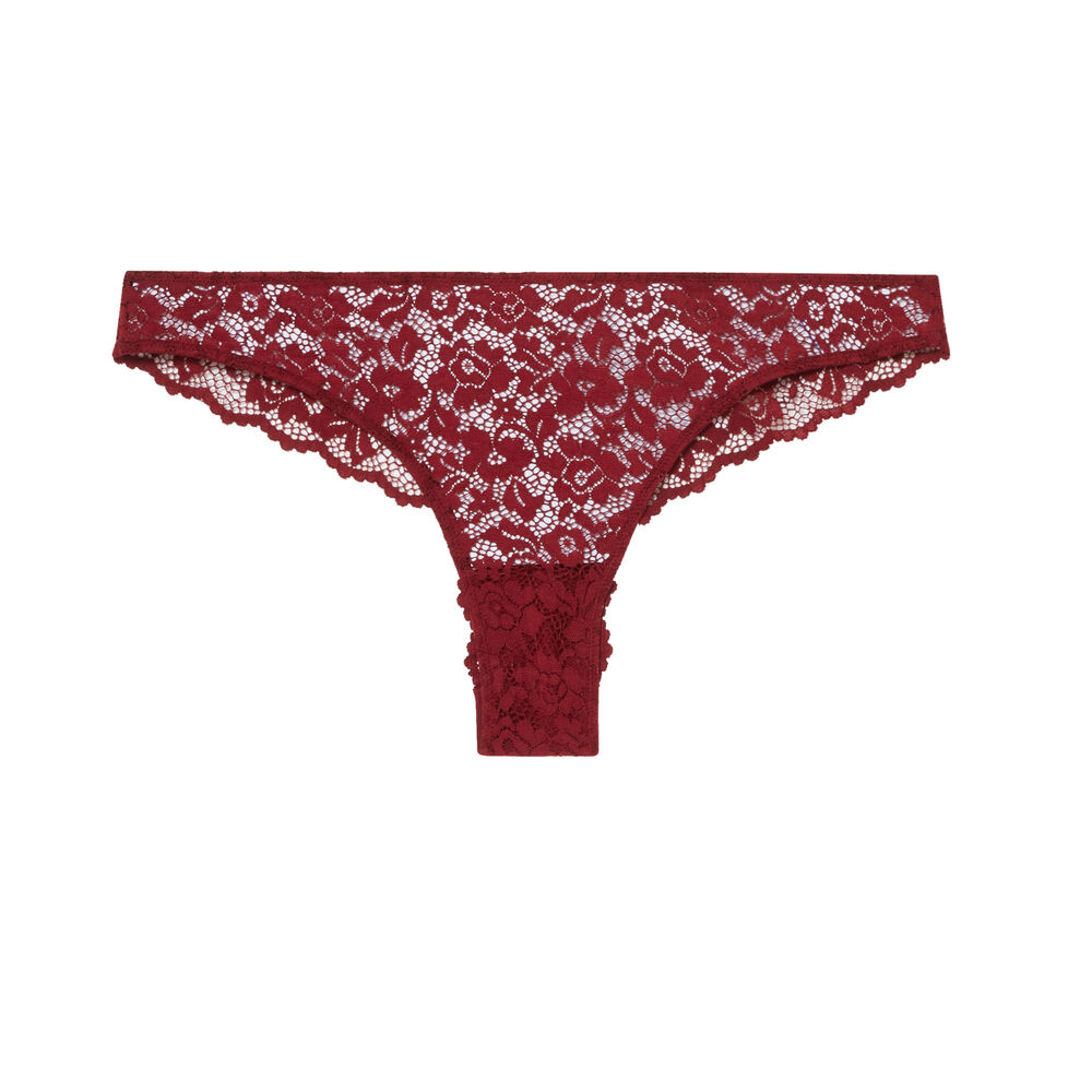 Tanga en dentelle fleurie - bordeaux rouge.