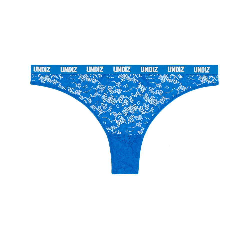 Tanga en dentelle et résille à détail élastique - bleu bleu.