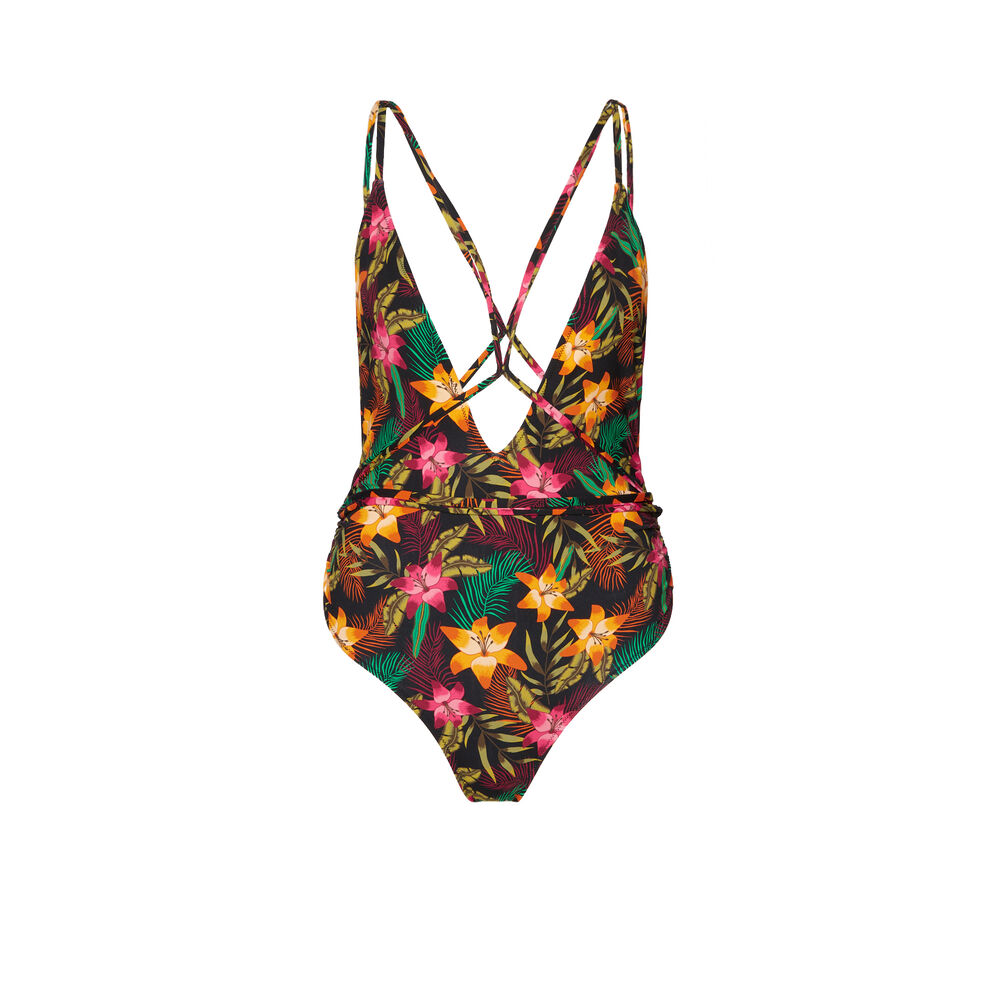 Maillot de bain une pièce imprimé tropical détails liens - noir noir.