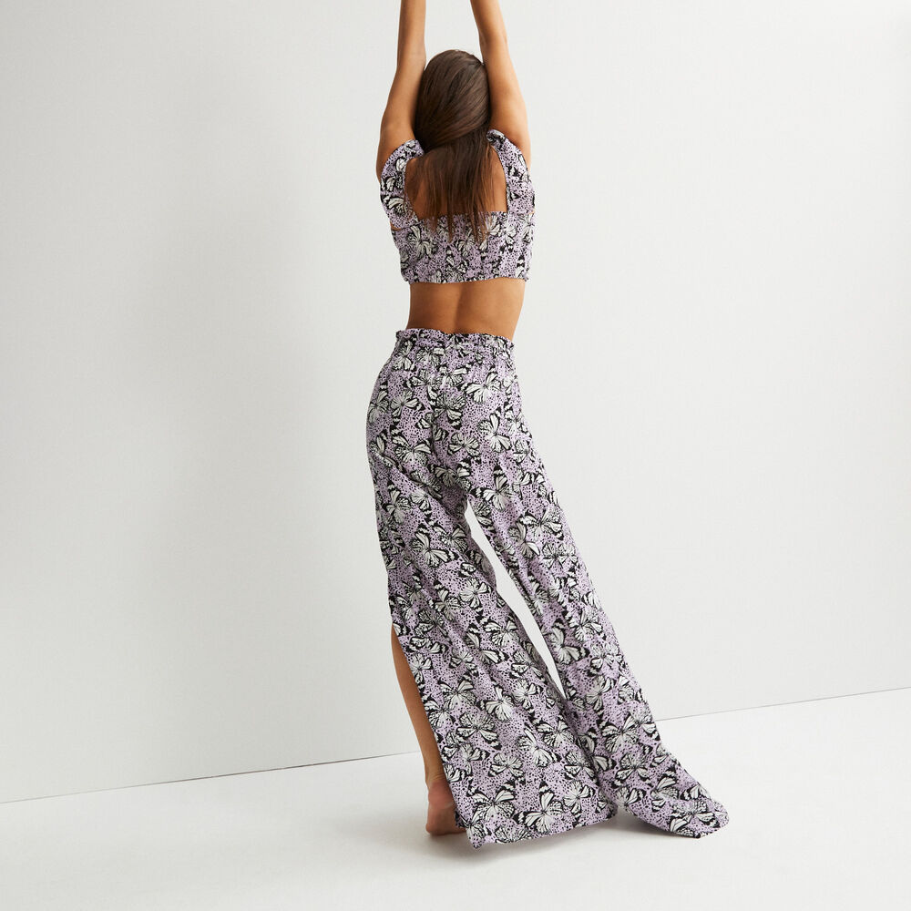 Crop top noué à épaules volants et motifs papillons- lilas violet.