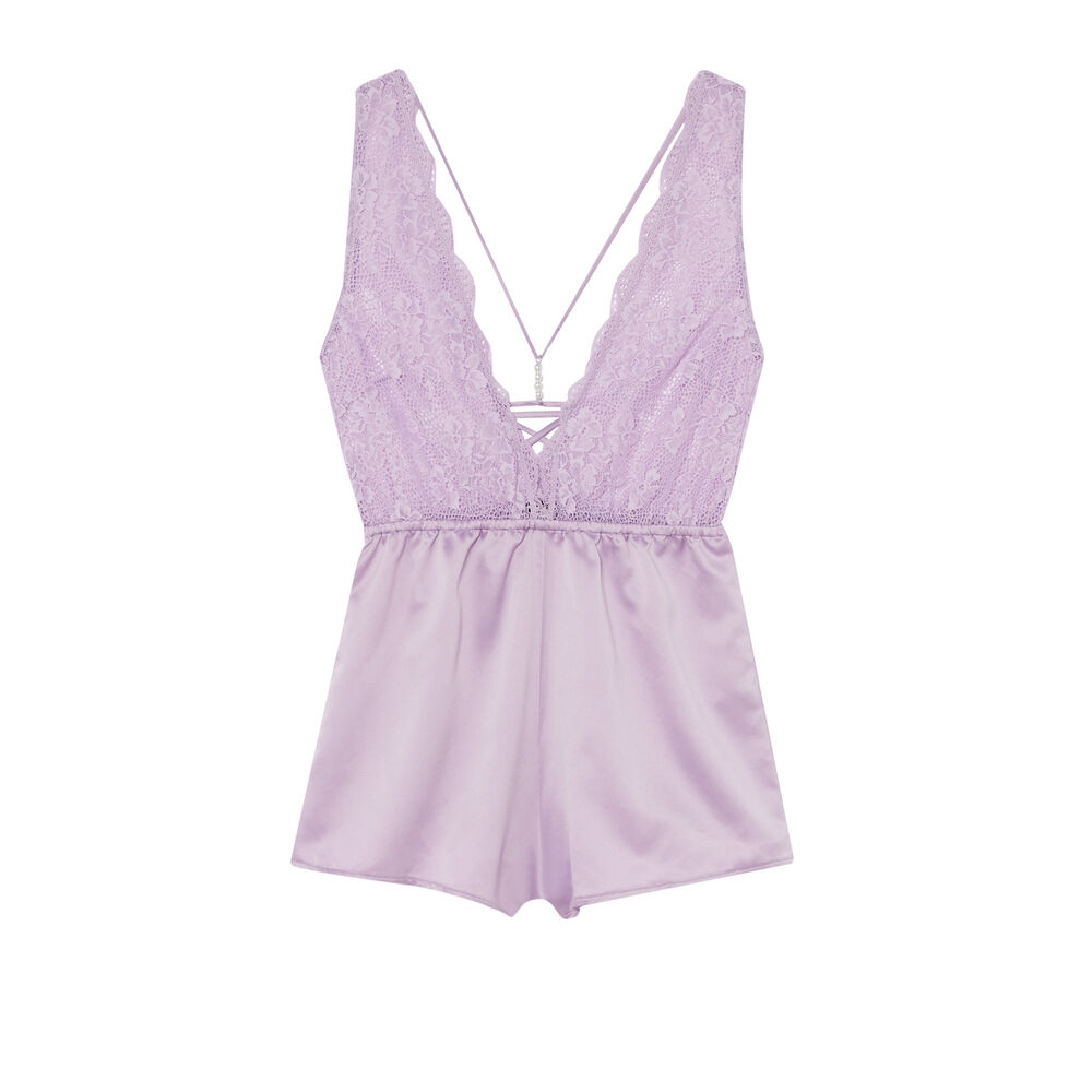 Combishort en satin et dentelle à détails perles - lilas violet.