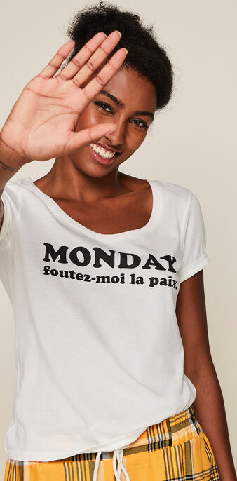 Top en jersey &agrave; message bemondayiz blanc cass&eacute;.