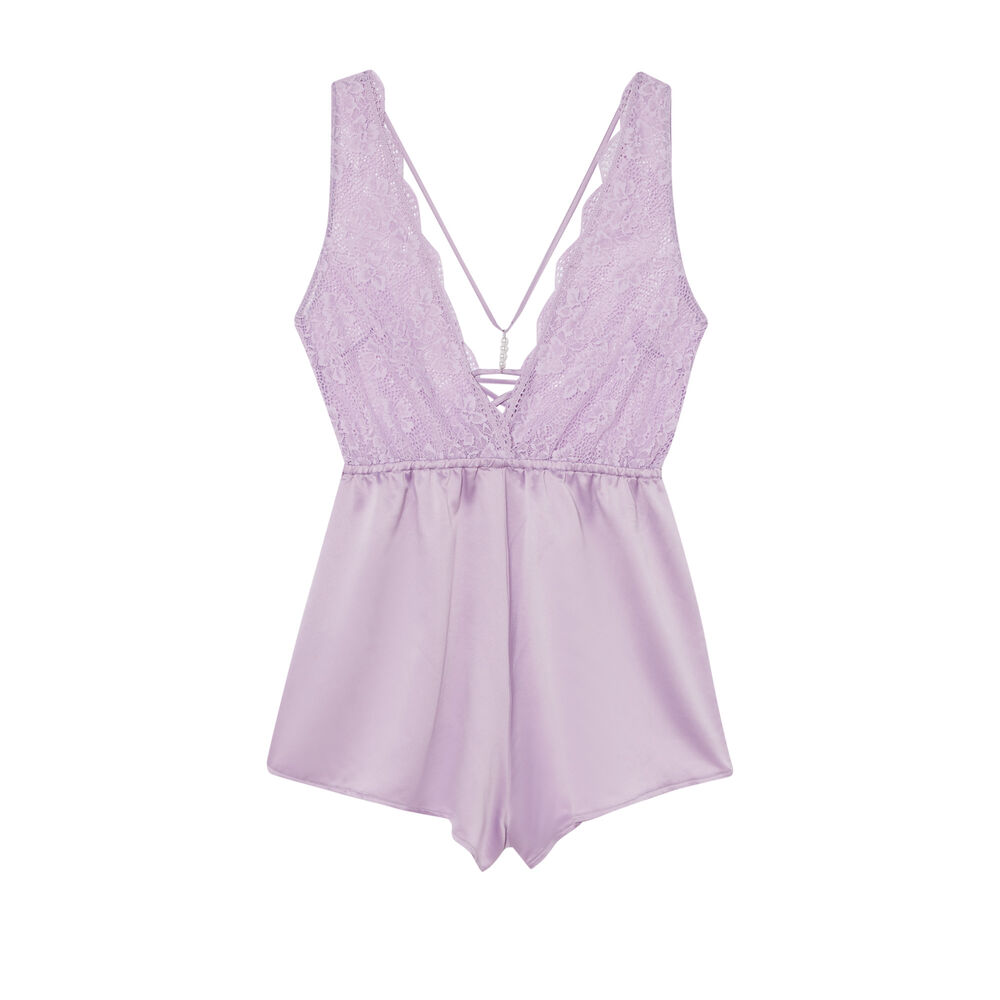 Combishort en satin et dentelle à détails perles - lilas violet.