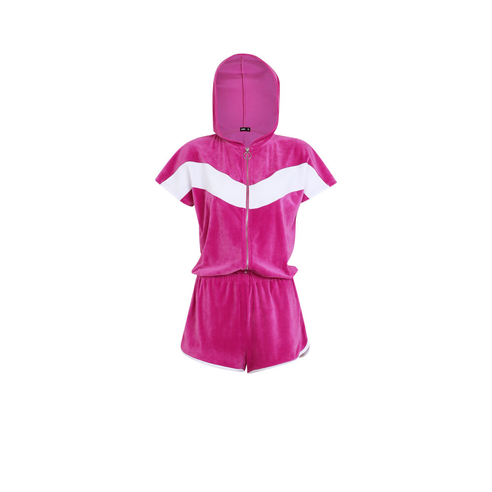 Combishort en velours zippée à capuche - rose rose.