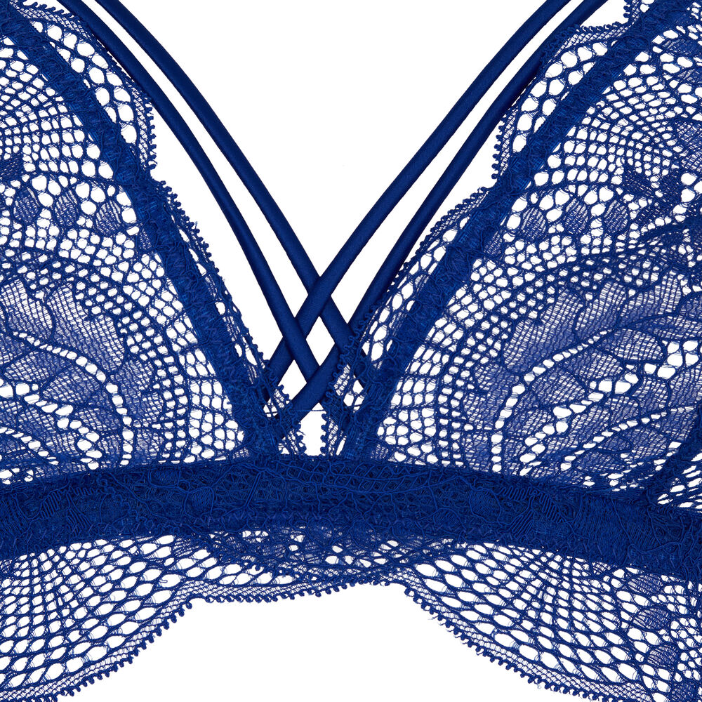 Soutien-gorge triangle en dentelle et liens satinés - bleu roi bleu.