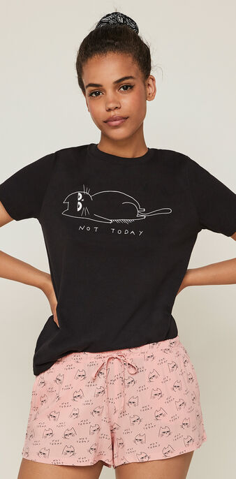 Top &agrave; manches courtes imprim&eacute; chat sundayiz noir.