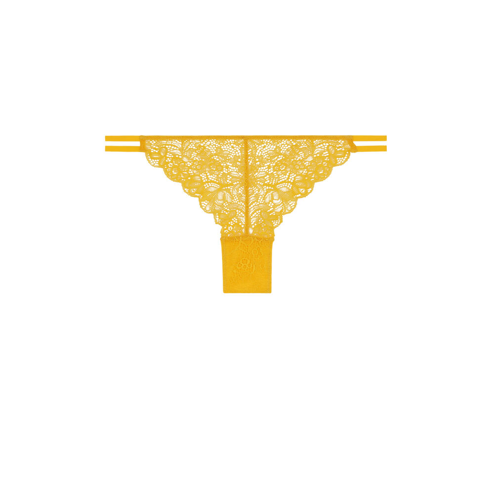 Tanga en dentelle et liens - jaune jaune.