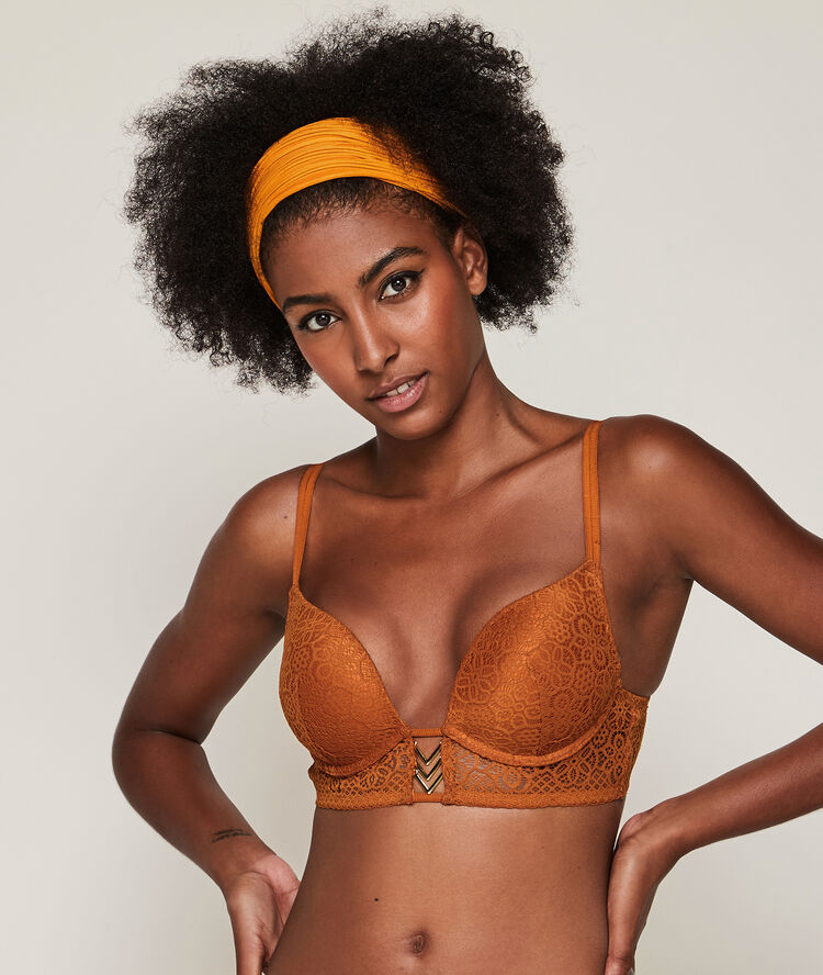 Soutien-gorge bustier push en dentelle détail bijou ethnobiz brique.