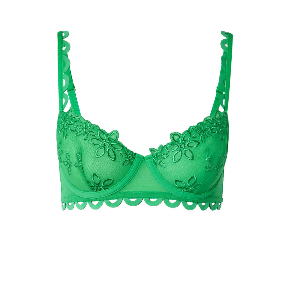 Soutien-gorge corbeille tulle et broderie fleurs - vert vert.