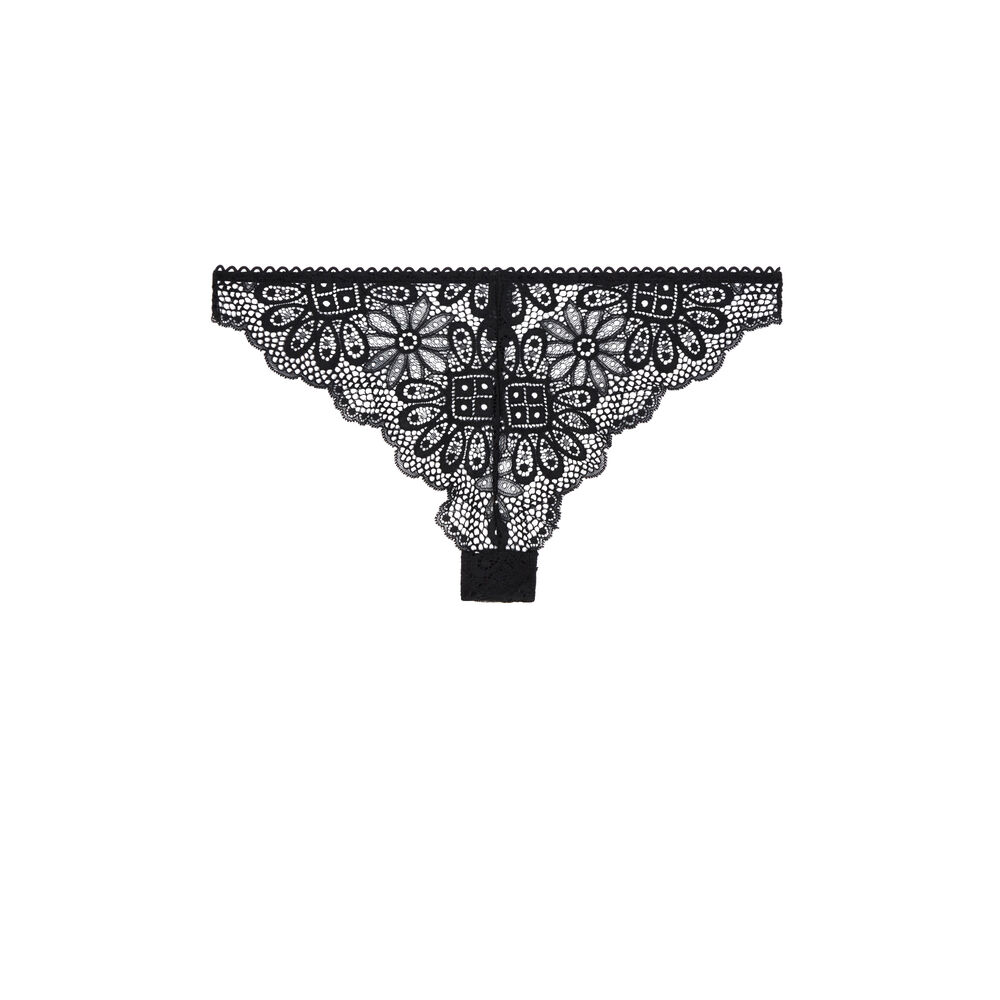 Tanga en dentelle détail bijou - noir noir.