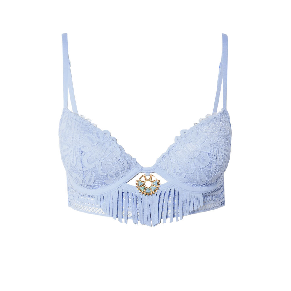 Soutien-gorge push-up dentelle aztèque et frange - bleu bleu.