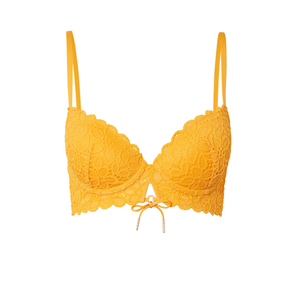 Soutien-gorge ampli en dentelle fleurs détail noeud - mangue jaune.