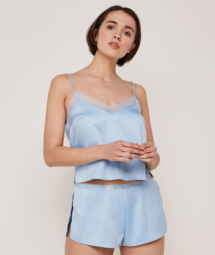 Top à fines bretelles satiné blingbabiz bleu.