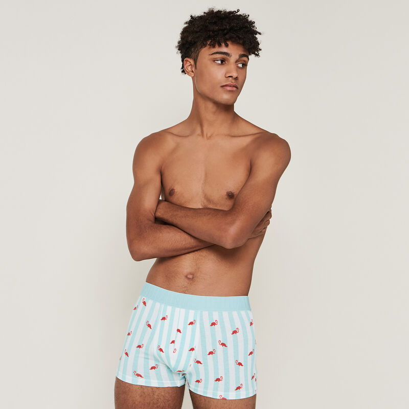 Boxer en coton imprimé flamants roses - bleu Boxer en coton imprimé flamants roses - bleu ;