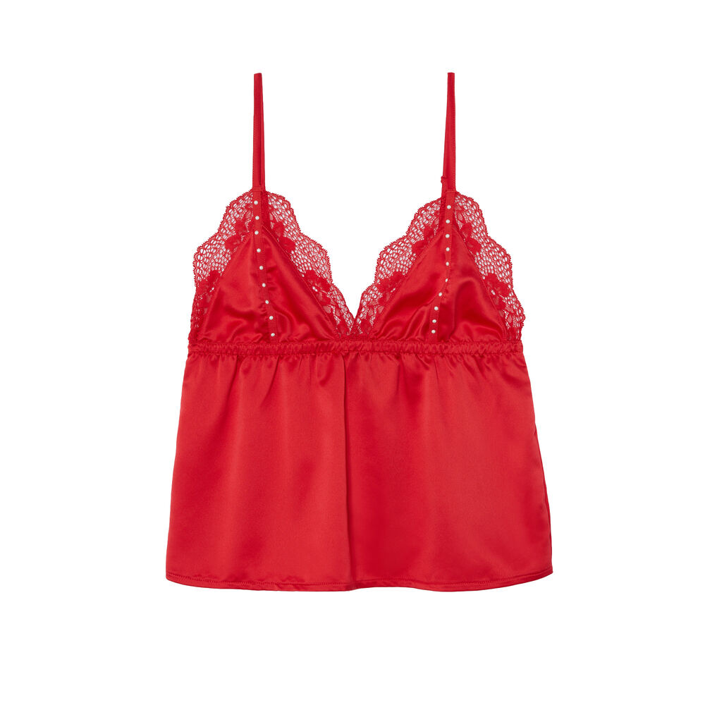Top santiné et bords en dentelle - rouge rouge.