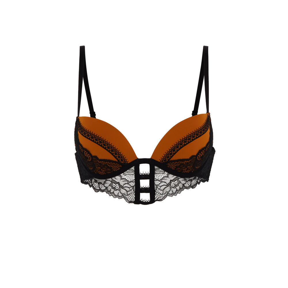 Soutien-gorge push-up micro et dentelle - noir et beige marron.