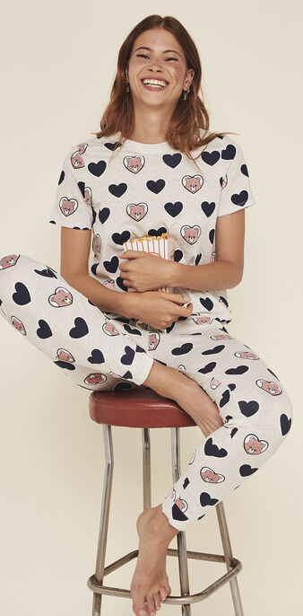 Pantalon &agrave; motifs c&oelig;urs les bisounours bisousiz gris clair.