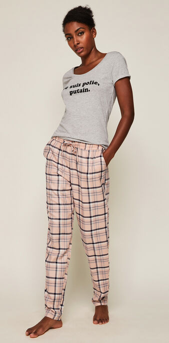 Pantalon &agrave; carreaux vintartiz rose poudr&eacute;.